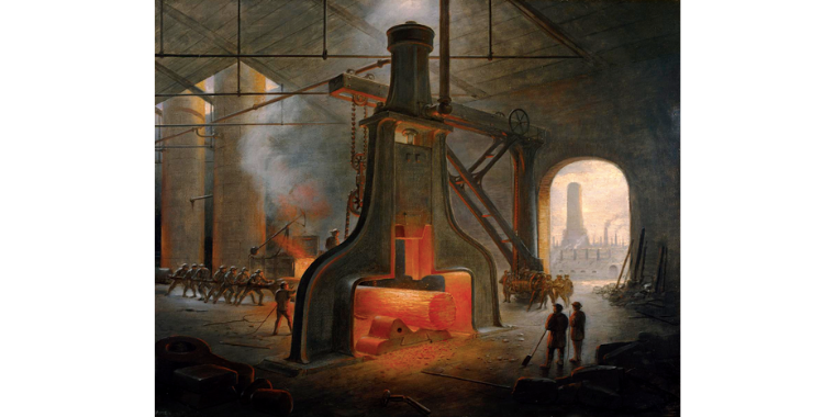 Pintura al óleo de 1871 de un martillo de vapor inventado por el escocés James Nasmyth en 1839 durante la Revolución Industrial